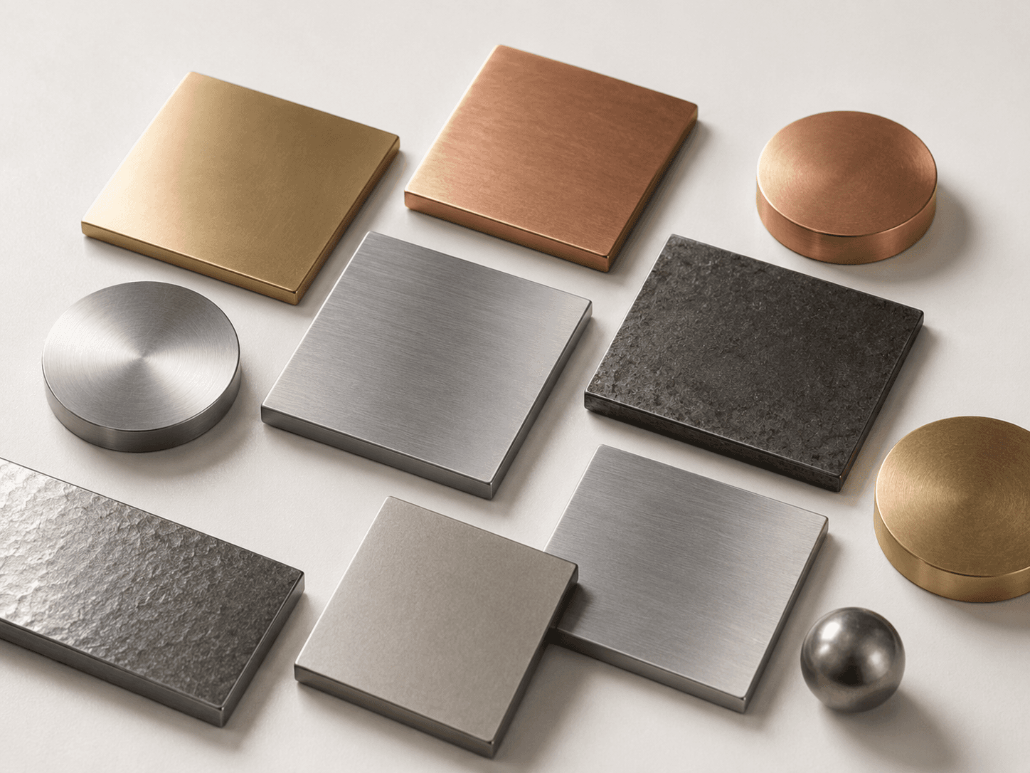 금속 재료 스와치 — Brass, Copper, Stainless Steel, Iron 등 표면 마감 비교