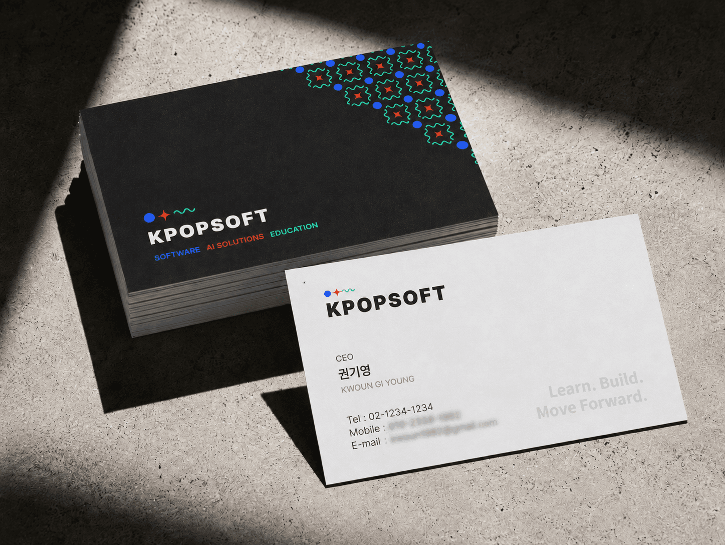 KPOPSOFT 명함 디자인 — 심볼 패턴을 활용한 브랜드 명함